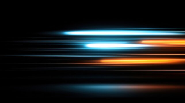 High speed light with blue and orange stripes in abstract, futuristic technological concept, showing motion blur against fast forward timeline background, creating a captivating visual effect that rep