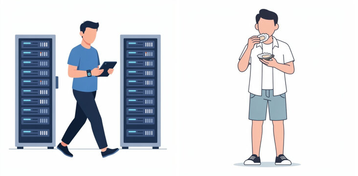 Busy IT worker eating lunch while colleague checks server racks