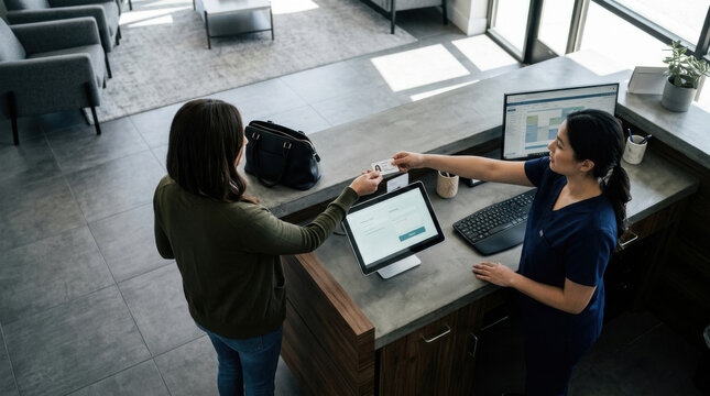 Patient Interaction At A Modern Medical Reception Desk