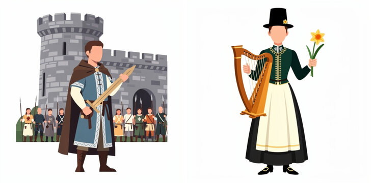 Medieval Couple with Harpist and Warrior in Front of Castle