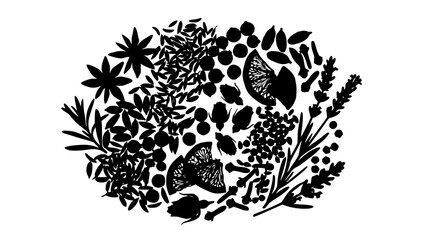 Obraz premium Black silhouette of aromatic dried spices and herbal botanicals on white background