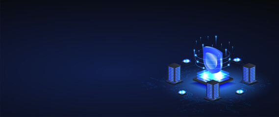ai chip security isometric vector illustration. Online server protection system concept. Computer electronics and AI systems in web banner concept. © Fardived