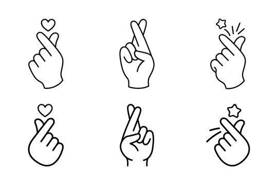 Korean Finger Heart Hand Gesture Icons Vector Set with Cute Outline Style