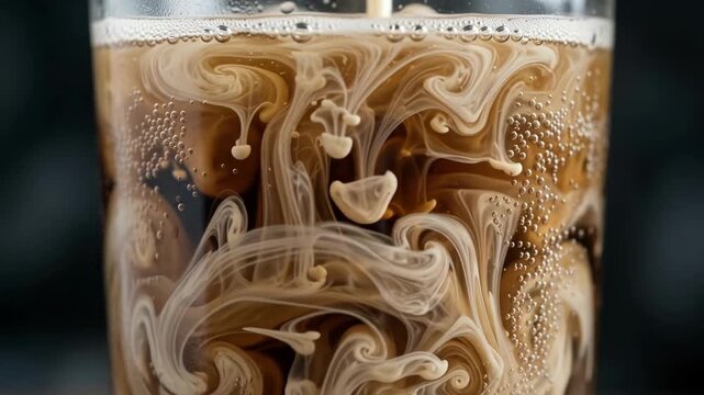 Cream swirling into fizzy dark soda dirty soda viral drink macro