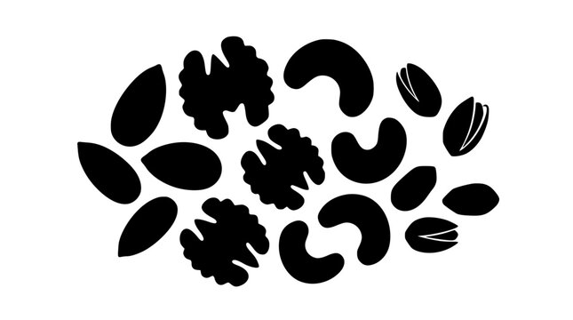 Assorted nuts silhouette icons set including walnut almond cashew pistachio