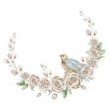 Watercolor floral Wreath with bird and rose flowers in pastel colors. Illustration of circular frame for wedding invitations, stationery and feminine projects. Round template for greeting cards.