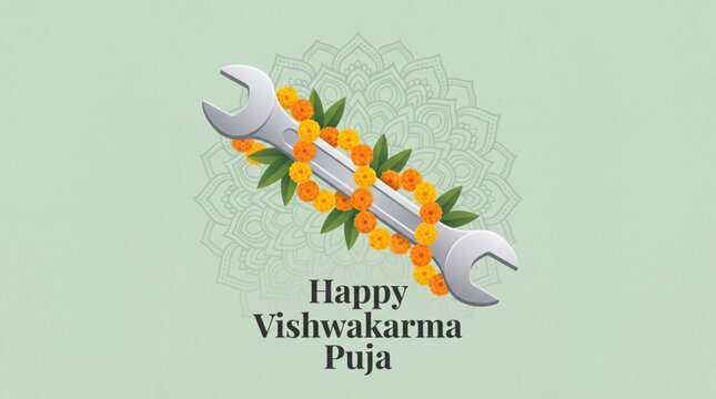 Decorated Wrench with Marigold Garland for Happy Vishwakarma Puja Festival Greeting Banner Background Design