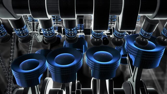 Pressing car start stop button with internal V8 engine animation. Valves, pistons and crankshaft in motion.