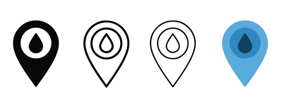 Four map pin icons with drop symbols in various colors and styles for navigation and location marking purposes on digital maps and interfaces  indicating water or oil locations