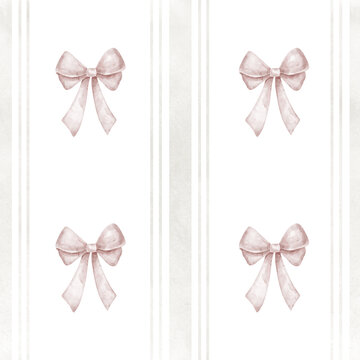 Bow seamless striped pattern with pink ribbon bows and soft vintage texture. Watercolor illustration of romantic decorative background for fabric, wallpaper and stationery. Feminine backdrop for paper