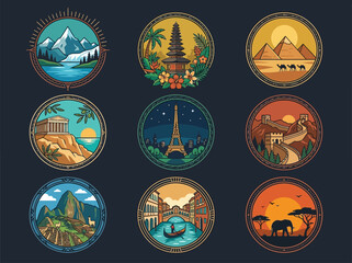 Vintage World Landmark Travel Badge Icons Set - Global Tourism Destinations Collection © Micilupin
