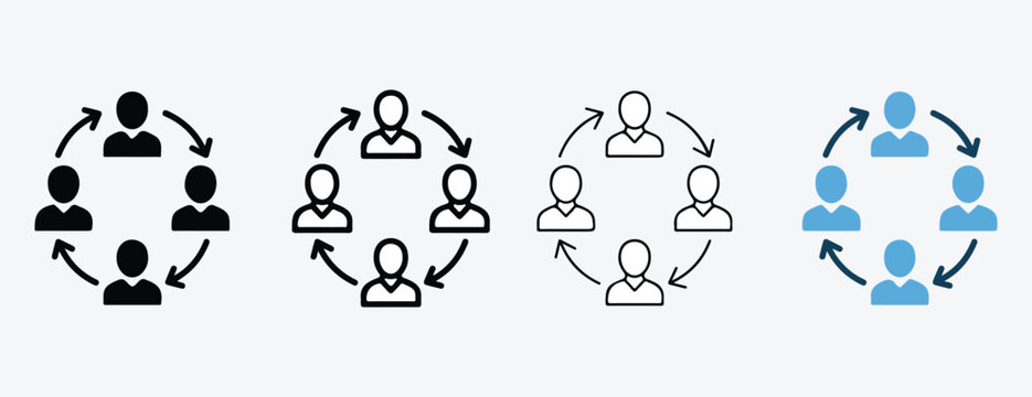 people icons in circular communication flowcharts with arrows  teamwork and social interaction concepts  business and social media symbols