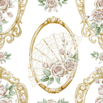 Seamless pattern with vintage mirror wrought golden frames, lace fans and roses. Watercolor illustration of romantic decorative background for wallpaper, textile and stationery. Backdrop for scrapbook