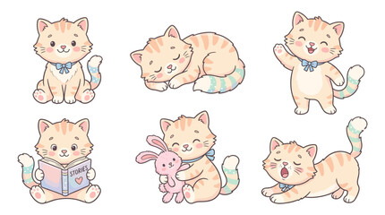 Fototapeta premium Adorable kawaii kitten character set featuring six different playful poses and activities in a soft pastel artistic style for childrens storybook design