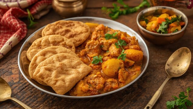 Puri Bhaji and Dum Aloo are Indian dishes. Puri is a deep-fried whole wheat bread accompanied by potato curry.