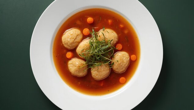Broth with carrots, chicken dumplings, and microgreens, presented on a white plate against a dark green backdrop. Top-down perspective. Room for text. Flat lay. High-quality image.