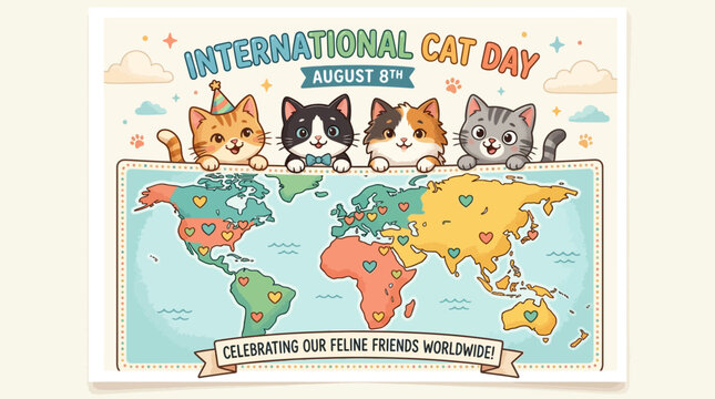 International cat day celebration illustration featuring four cute kittens peeking over a colorful world map filled with heart icons for global awareness
