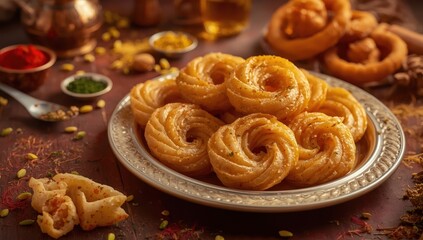 Naklejka premium Imarti, also known as Amriti, Omriti, Jahangir, Jalebi, or Jaangiri, is an Indian sweet.
