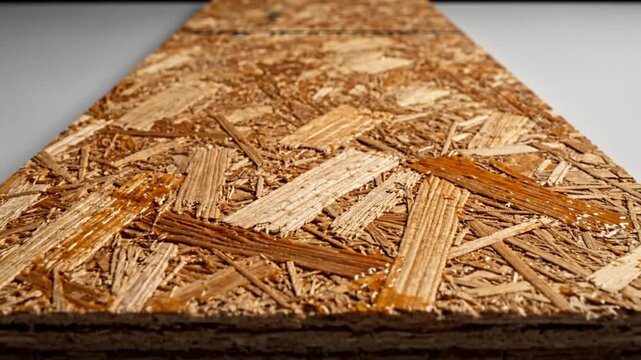 Close-up perspective of a piece of oriented strand board texture, construction material, with visible details