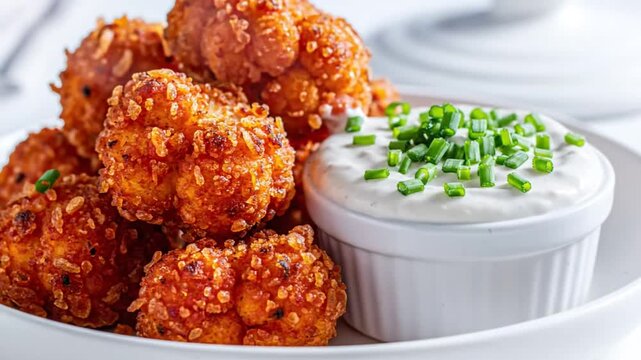 Crispy fried cauliflower florets coated in breadcrumbs served with creamy white dip and fresh chopped chives