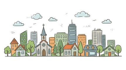Obraz premium Colorful illustration of a vibrant cityscape with buildings and trees