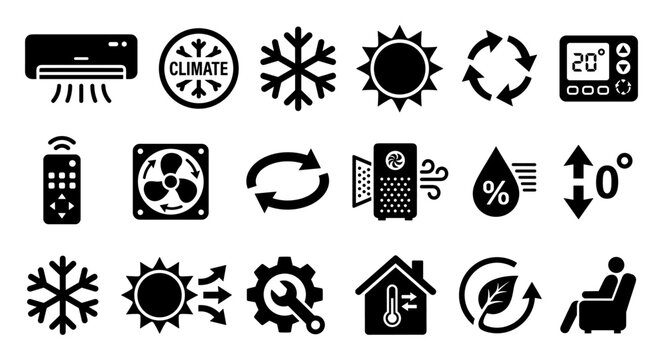 Set of climate control and air conditioning icons for temperature, ventilation, humidity, and energy efficiency on transparent background