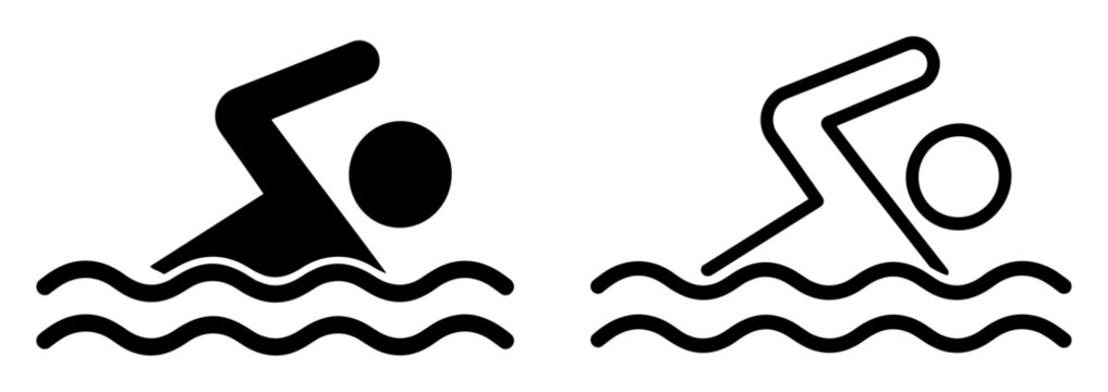 Black and white swimming icons with swimmer silhouette and outline in water waves on transparent background