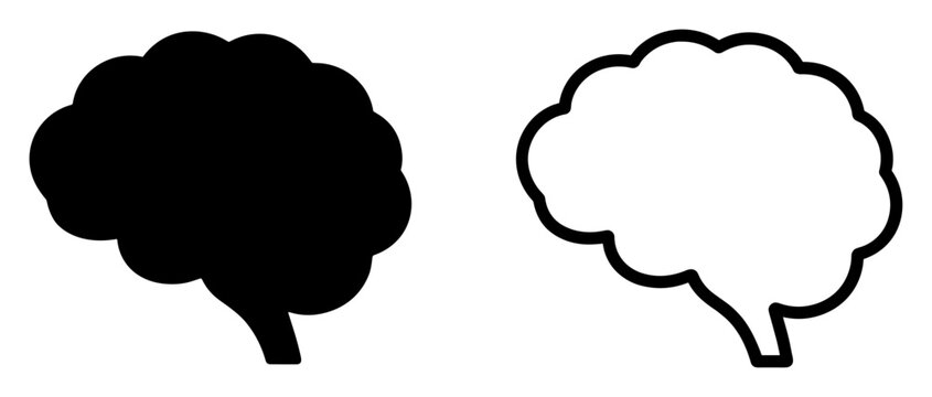 Black and white brain icons with solid and outline styles isolated on transparent background
