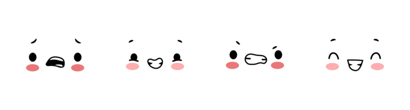 Adorable minimalist faces displaying positive and negative emotions. Vector joy and confusion, anger and happiness. Sticker sheets or planners, UI design and mood logs. Childrens learning tools