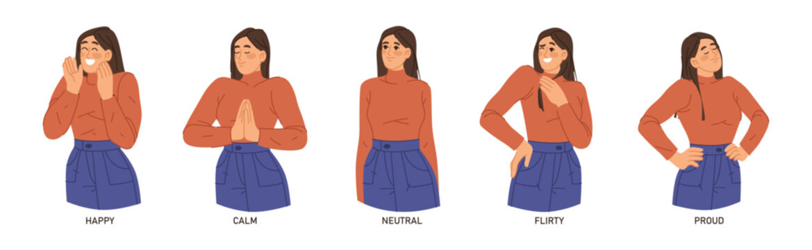 Female personage expressing feelings, isolated gesturing woman. Vector in flat style with facial expression. Calm and happy, positive and cheerful, neutral and flirty. Proud or boastful personage