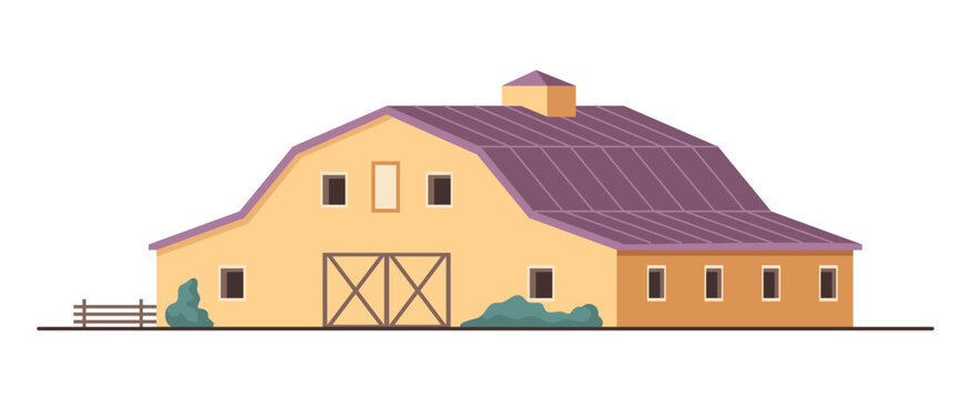 Cattle barn, large farm building with doors, windows and loft for storing hay. Vector stable or cowshed with wooden fences. Brick structure for feeding and caring for livestock and feed storage