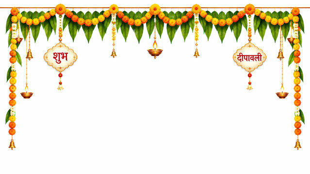 Shubh Diwali decor with toran marigold mango leaves festive bells with diya
