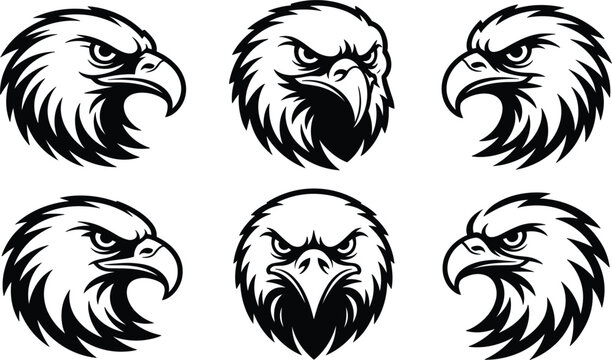 Eagle head mascot vector set angry hawk falcon silhouette logo collection for school sports team apparel emblem tattoo design,