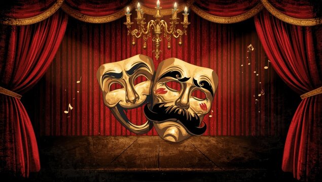 Artistic theater poster design featuring masks. Retro backdrop of an aged stage on textured surface. Masks representing tragedy and comedy.