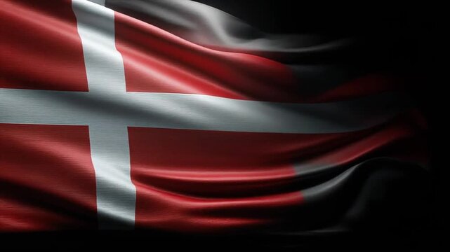 A red and white flag with a Nordic cross pattern, waving against a black background