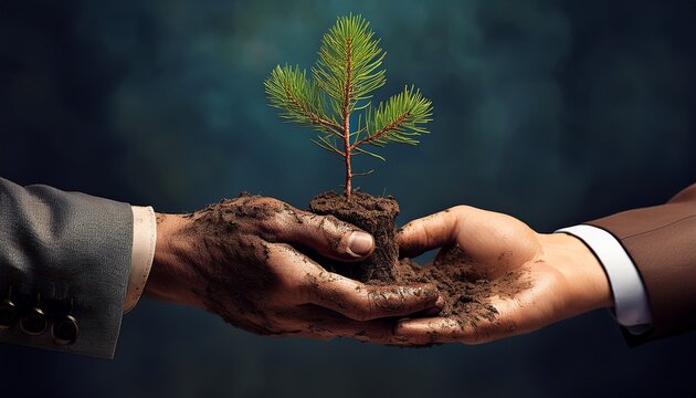 a muddy work worn hand passes a small pine sapling with roots and soil to a clean hand in a business suit generative ai