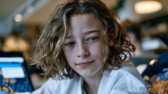 Close up face of middle school student hesitantly engaging personalized AI reading tutor interface showing adaptive comprehension questions, back-to-school backpack visible in corner, expression bal