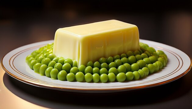 a block of butter sculpted into a miniature bunker melts on a white plate beside neatly aligned rows of green peas generative ai