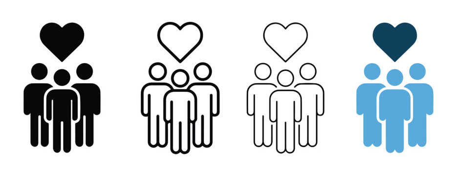 Group of people icons with heart symbol on top in different colors on white background
