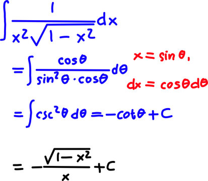 Step-by-step calculus solution using trigonometric substitution to evaluate an integral with radicals, clearly presented on a clean white background.