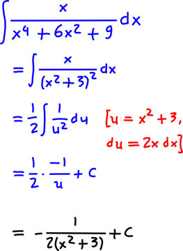 Step-by-step calculus integration using u-substitution for a rational function, with clear mathematical notation and solution on a white background.