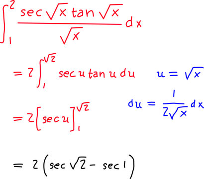 Step-by-step definite integral using u-substitution with secant and tangent functions, presented with clear mathematical notation on a white background