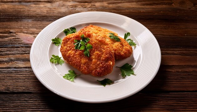golden brown fried fish cutlet with fresh parsley garnish on white plate over wooden table