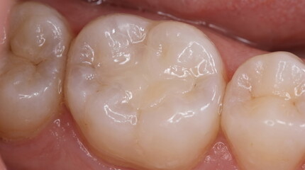 Fototapeta premium Macro close up of a restored human molar tooth with a polished composite filling on the occlusal surface