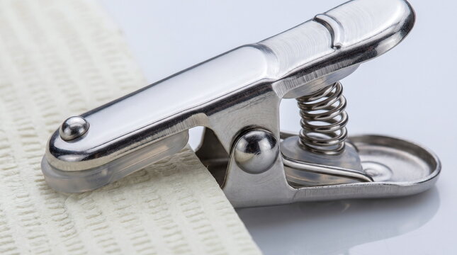 Macro close up of a stainless steel dental bib clip with silicone tips and a metal spring holding a textured disposable patient napkin