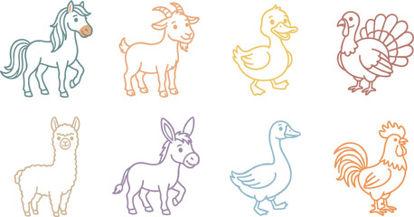 Fototapeta premium Collection of Farm Animal Illustrations Featuring Horse, Goat, Duck, Turkey, and More