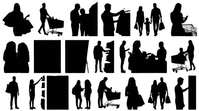 Silhouette people icons with various activities and poses in a grid layout isolated on transparent background, Vector