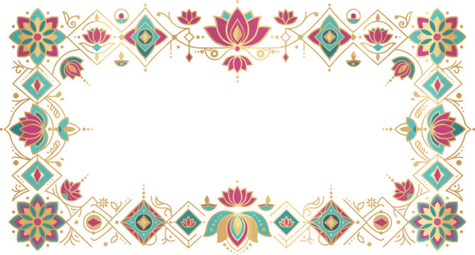 Decorative Diwali Border Template with Lotus Flowers Diyas and Indian Ornamental Design