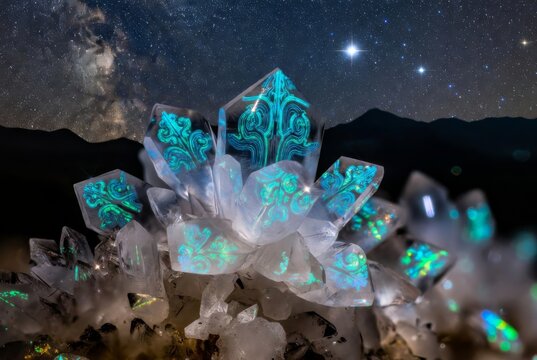 Cristalli magici luminescenti con decorazioni azzurre sotto la Via Lattea e un cielo stellato