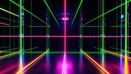 Fototapeta premium Neon grid lines create abstract space. Bright colors illuminate dark room, forming futuristic tunnel. Geometry dominates composition.